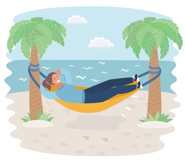 Vector cartoon illustration of woman in hammock on beach sea