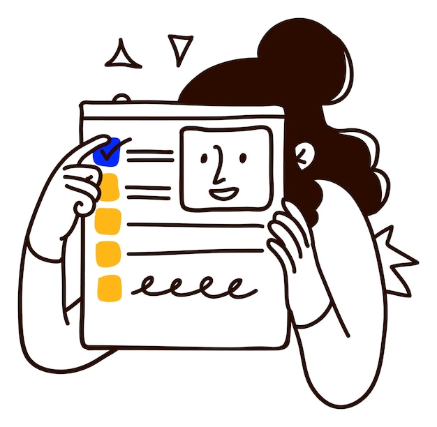 A cartoon illustration of a woman holding a completed checklist with a satisfied expression