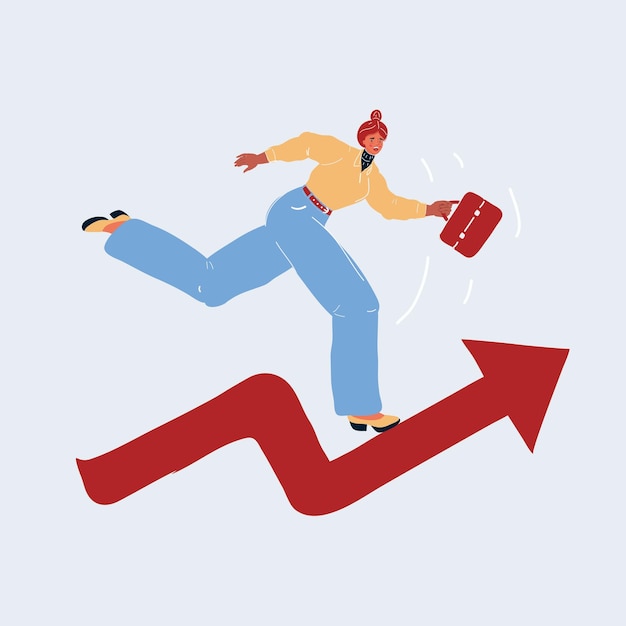 Cartoon illustration of Woman running on growth graph on white backround