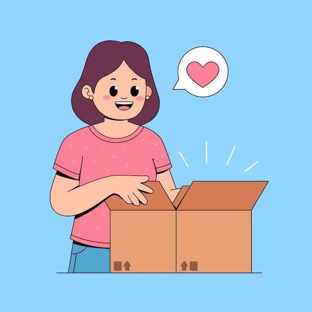 a cartoon illustration of a woman unboxing a box