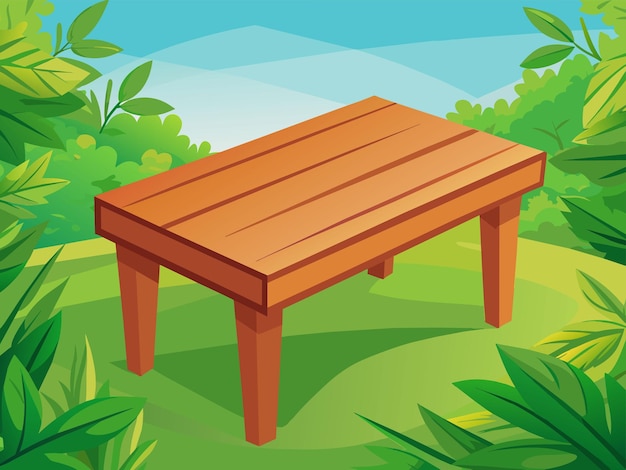 a cartoon illustration of a wooden bench with trees and plants