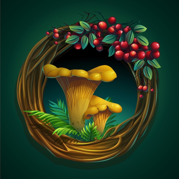 Cartoon illustration wreath of vines and leaves on a green background with mushroom chanterelle