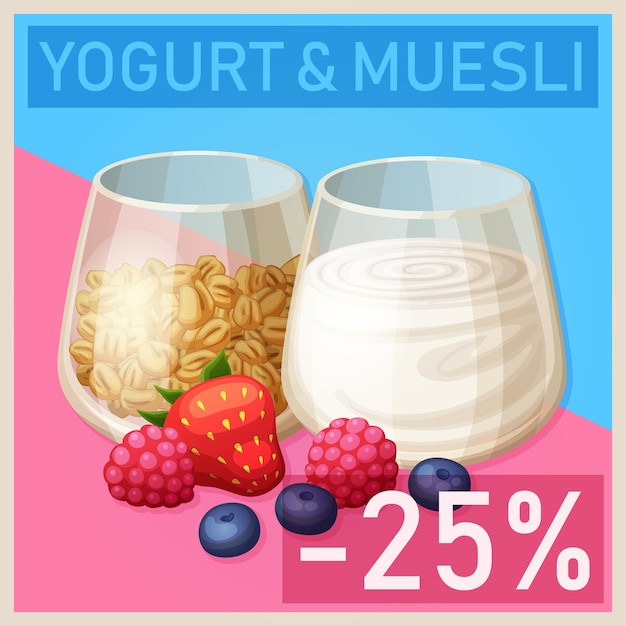 Vector cartoon illustration of yogurt and muesli in separate glasses and berries vector granola icon