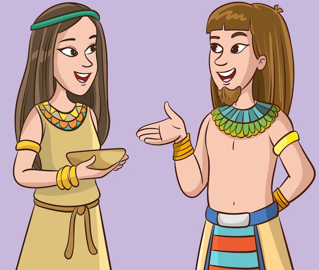 Vector cartoon illustration of young woman and man in traditional costume of ancient egypt