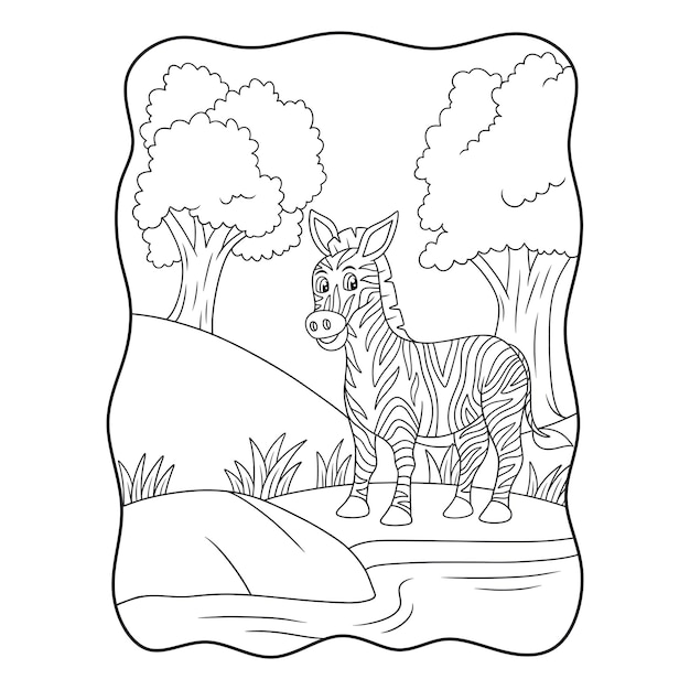 Мультфильм иллюстрация зебра идет на поиски пищи у реки книга или страница для детей черно-белые