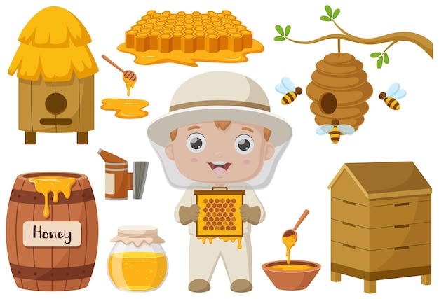 Cartoon illustrations beekeeper elements collection