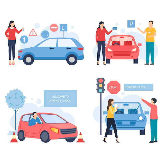 cartoon illustrations of driving school concepts colorful flat design car safety lessons