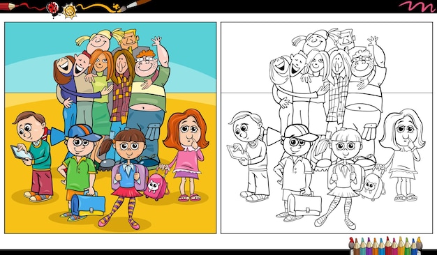 Cartoon illustrations of funny children and teens comic characters group coloring page