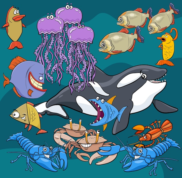 Vector cartoon illustrations of funny fish sea life animal characters group