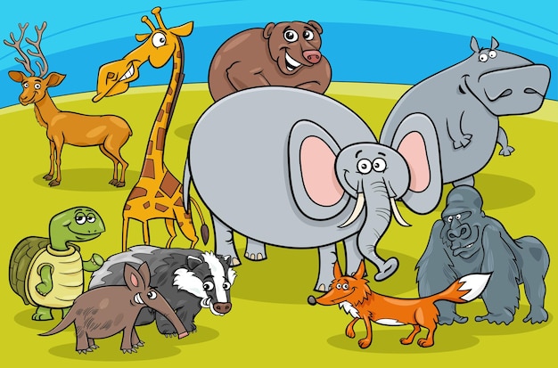 재미있는 야생 동물 만화 캐릭터 그룹의 만화 삽화