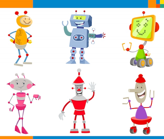 Cartoon illustrations of robots characters set