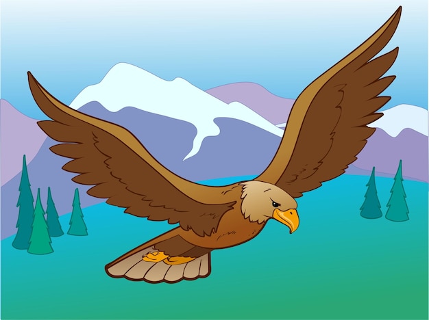 Vector a cartoon image of a bald eagle flying in front of a mountain.