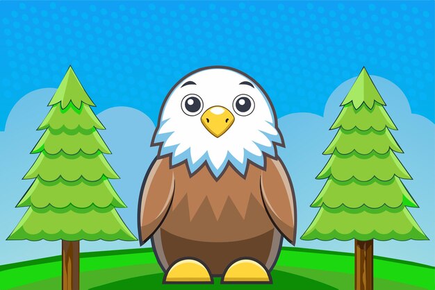 A cartoon image of a bald eagle with pine trees in the background