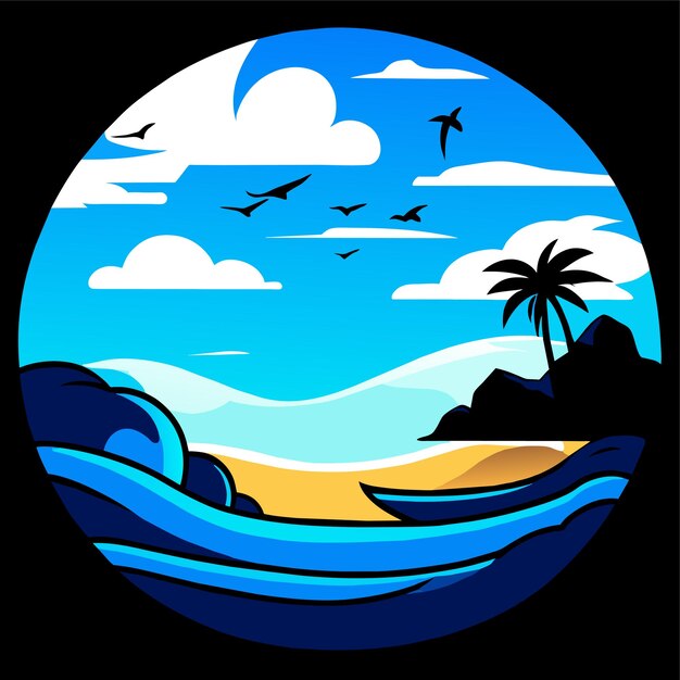 a cartoon image of a beach with a blue sea and a white cloud vector illustration