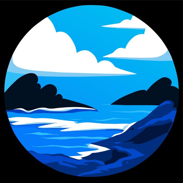 a cartoon image of a beach with a blue sea and a white cloud vector illustration