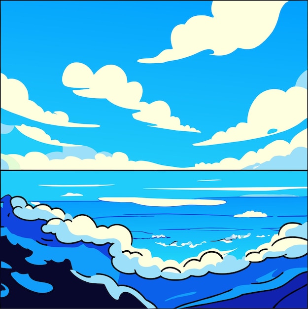 a cartoon image of a beach with a blue sea and a white cloud vector illustration