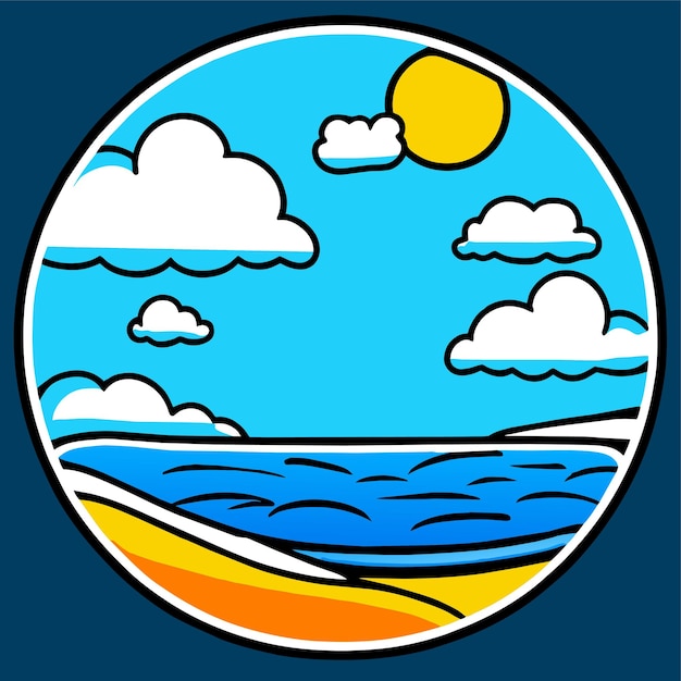 a cartoon image of a beach with a blue sea and a white cloud vector illustration