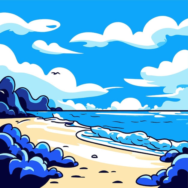 Vector a cartoon image of a beach with a blue sea and a white cloud vector illustration