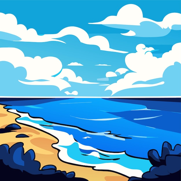 Vettore un'immagine a cartone animato di una spiaggia con un mare blu e un'illustrazione vettoriale di nuvole bianche