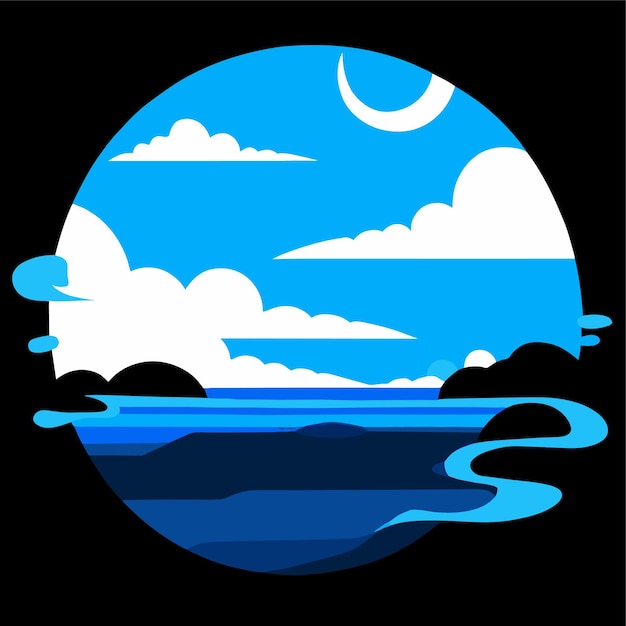 Vector a cartoon image of a beach with a blue sea and a white cloud vector illustration