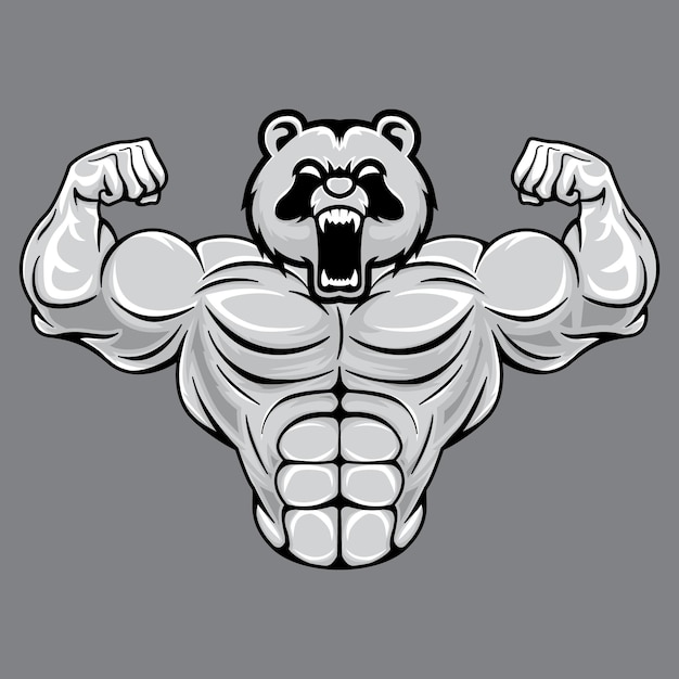 Cartoon image of a bear with a big mouth and a black and white bodybuilder
