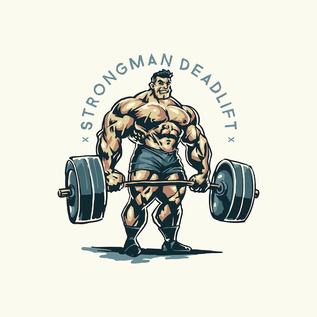 A cartoon image of a bodybuilder with the words strongman deadlift.