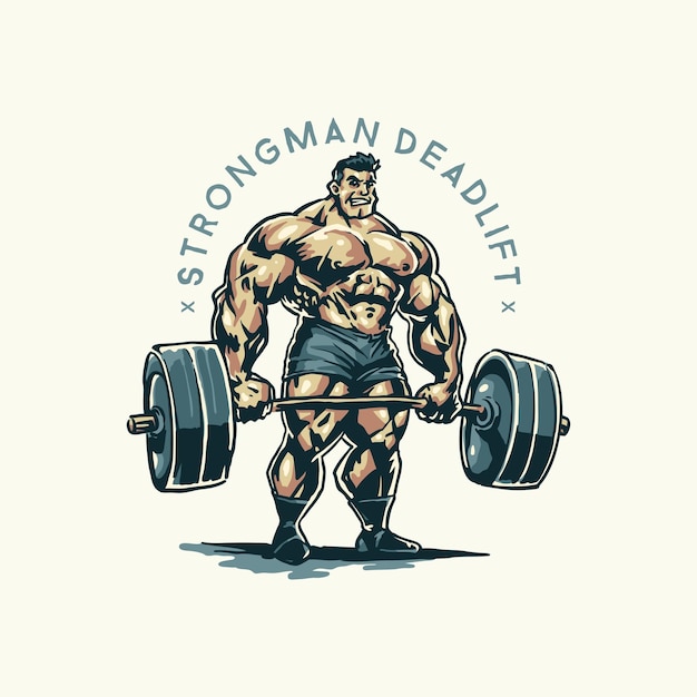 Карикатурное изображение бодибилдера со словами Strongman Deadlift.