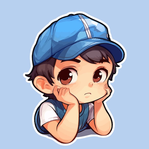 a cartoon image of a boy wearing a blue cap and a blue cap.