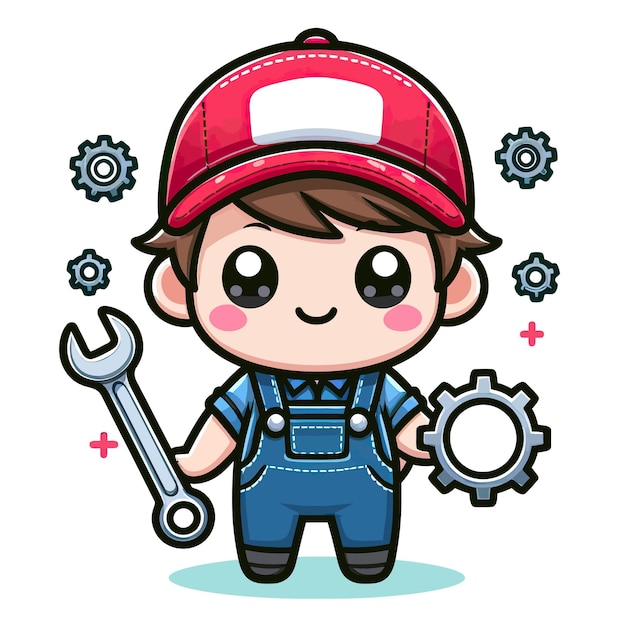 a cartoon image of a boy wearing a red cap and a wrench