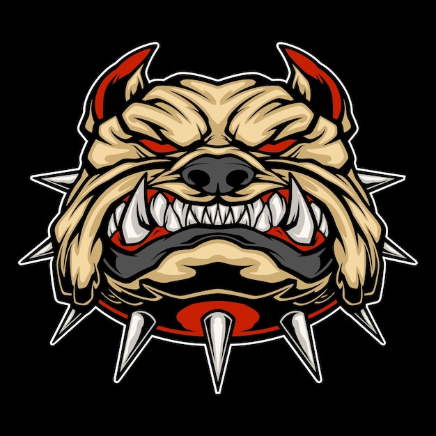 Vector a cartoon image of a bulldog head with a red collar and red eyes.