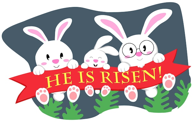 Vector a cartoon image of a bunny holding a red ribbon that says he is risen.