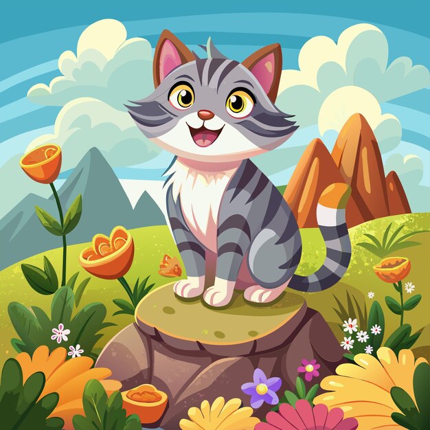Vector a cartoon image of a cat sitting on a rock with a mountain in the background