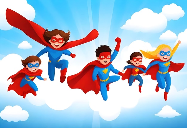 a cartoon image of a children in superhero costumes flying through the sky