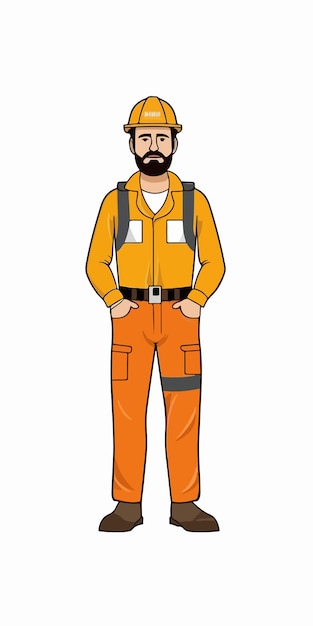 オレンジ色の建設用ヘルメットをかぶった建設作業員の漫画の画像。