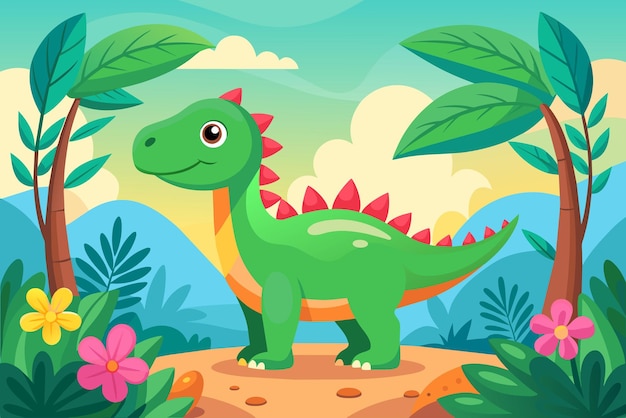 Vector a cartoon image of a dinosaur with flowers and plants
