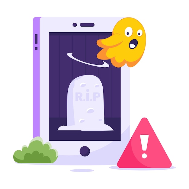 A cartoon image of a ghost with a face on the screen of a phone with a sign that says r. r...