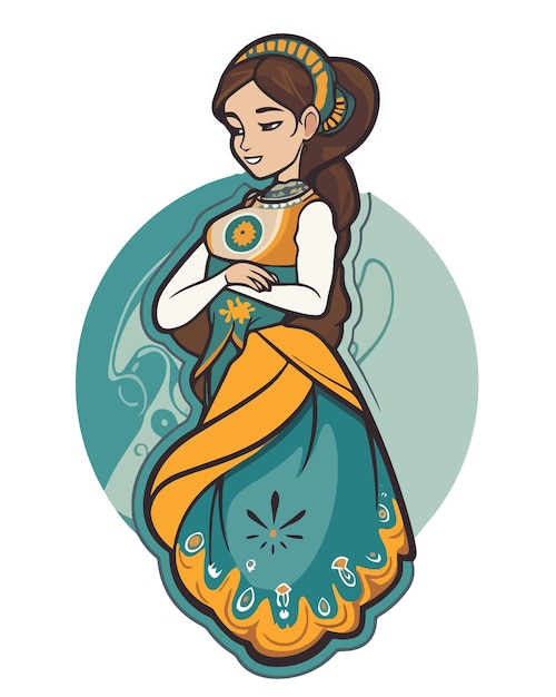 A cartoon image of a girl in a traditional dress.