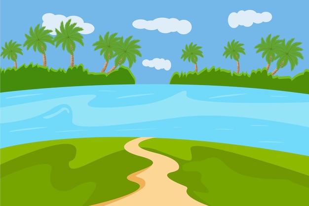 A cartoon image of a green landscape with a road to the lake.