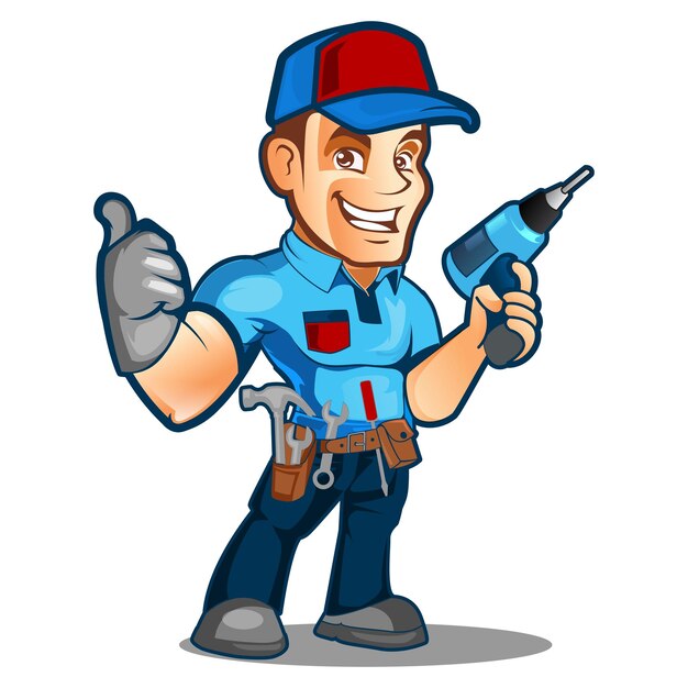 Vector a cartoon image of a handyman with a drill and a hat.