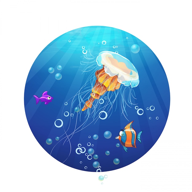 Cartoon image of a jellyfish and sea fish