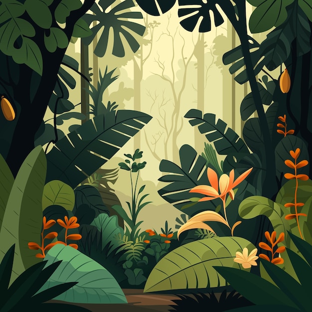 Vector a cartoon image of a jungle with a tropical plant in the middle.