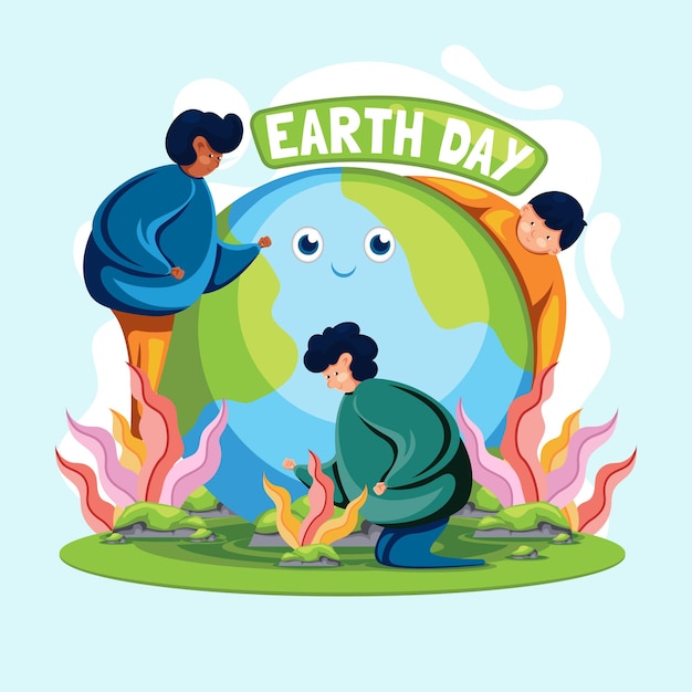 A cartoon image of a man putting earth on a globe.