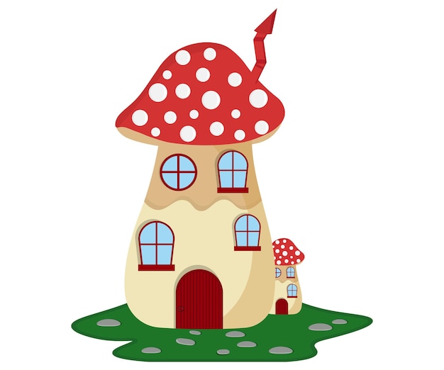 Vector a cartoon image of a mushroom house with a red roof and a small house on the side