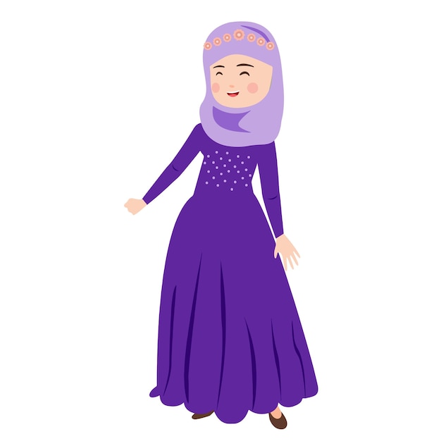 紫色のヒジャーブを着たイスラム教徒の少女の漫画のイメージ。