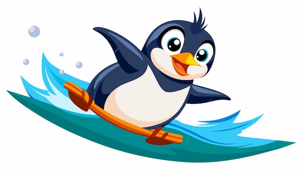 a cartoon image of a penguin on a surfboard with a blue water splash