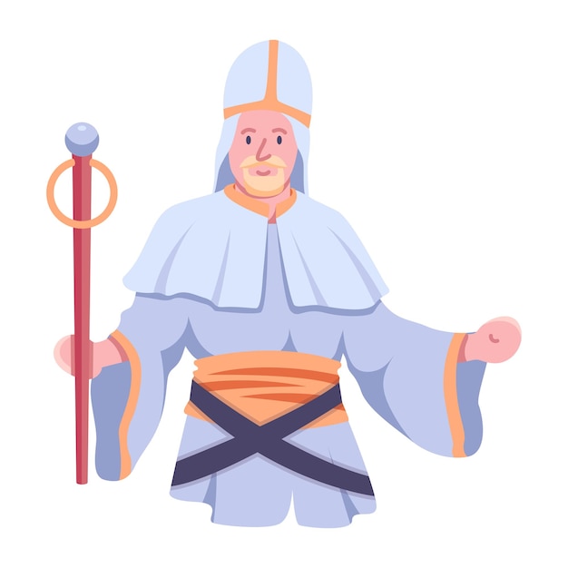 Vector a cartoon image of a priest with a staff.