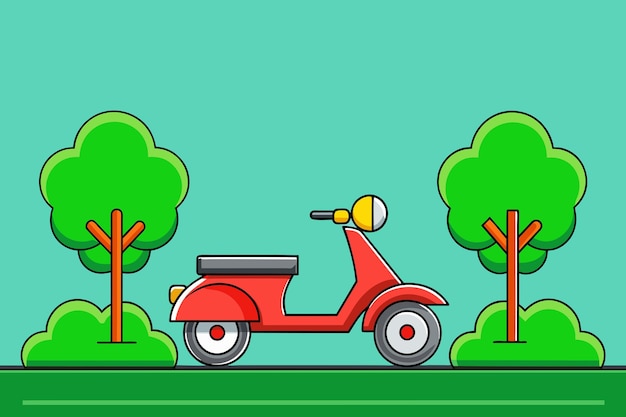 a cartoon image of a red scooter with trees and a green background