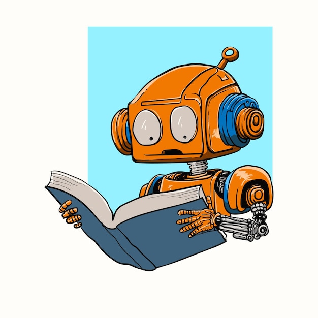Cartoon image of a robot reading a book
