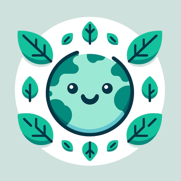 Cartoon Image of a Smiling Planet Earth Surrounded by Leaves