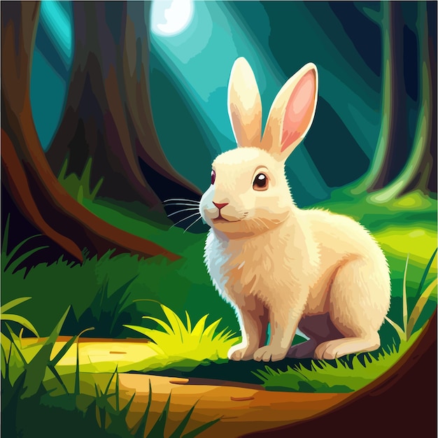 Cartoon image summer woodland landscape with fluffy wild animal bunny and cute hare in a forested